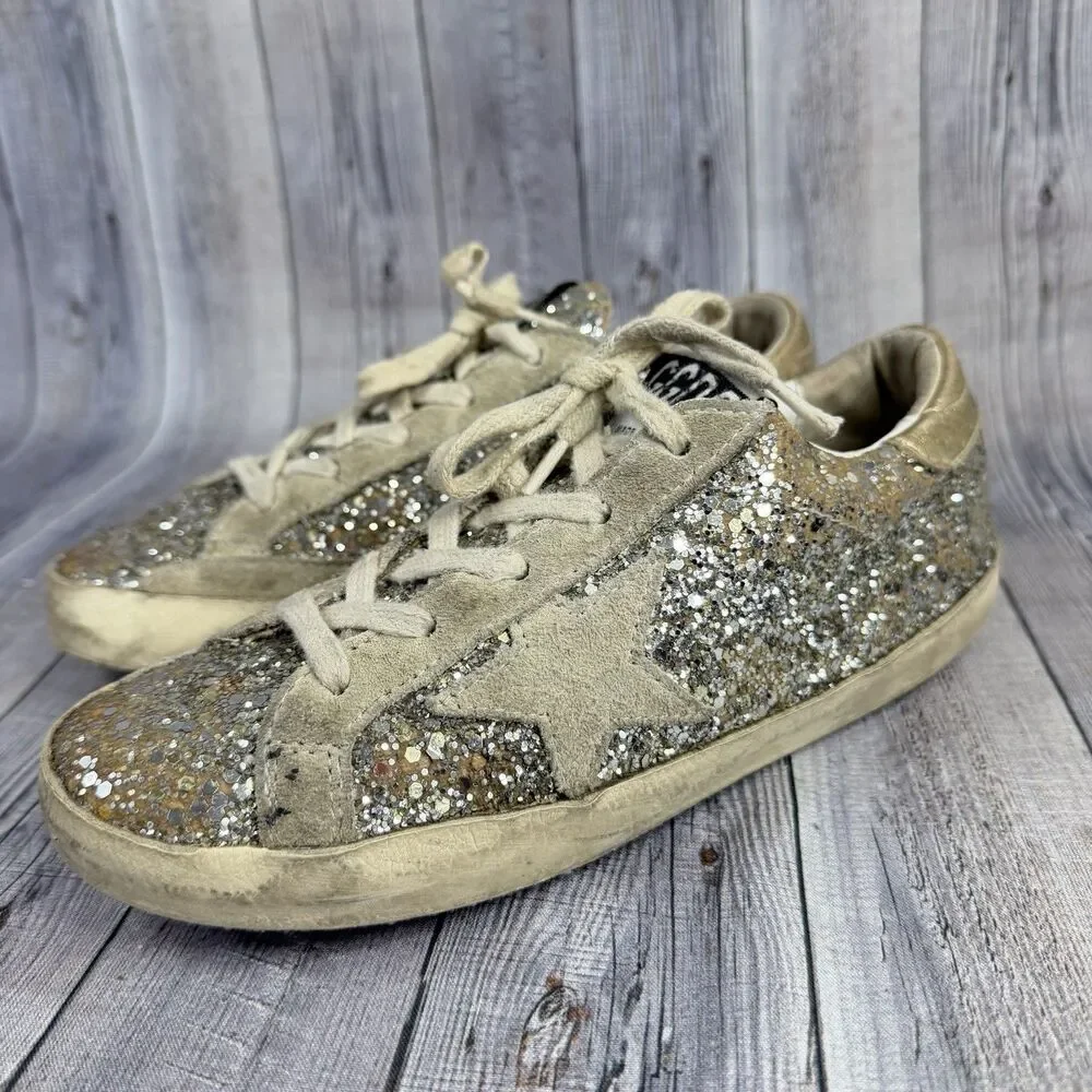 Golden Goose Super-Star Girls Size 1.5Y EUR 34 Silver Glitter Shoes Sneakers